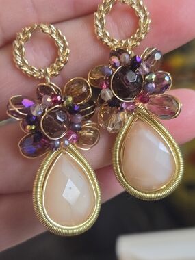 Gold-Tone Floral Drop Earrings with Peach Teardrop Stones